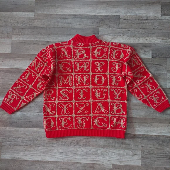 Vintage Red Gold Alphabet Mock Neck Sweater Medium - Picture 4 of 8